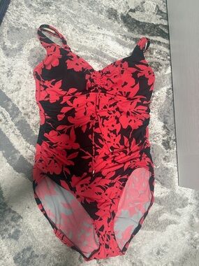 Aqua Green Black One-Piece Swimsuit with Red Floral Print